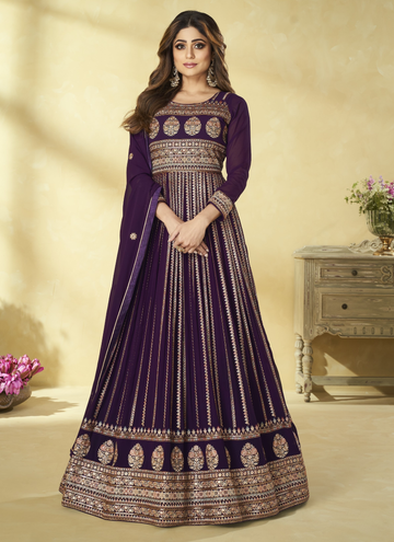 Pure Georgette Purple Anarkali Style Heavy Salwar Suit for Wedding